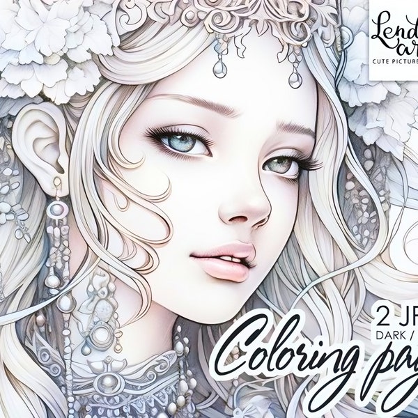 Page de coloriage pour adultes, belle princesse, page de coloriage en niveaux de gris, portrait de jeune fille, téléchargement immédiat, JPEG