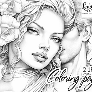 Kiss, Coloring Page for Adults, Beautiful Girl, Grayscale Coloring Page ...