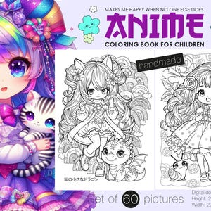 Anime Kawaii Chibi coloring book, cute little girls, set of 60 pictures, Digital Download