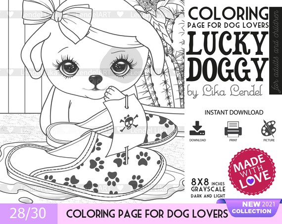 animals coloring page digi stamp lucky doggy dog puppy etsy