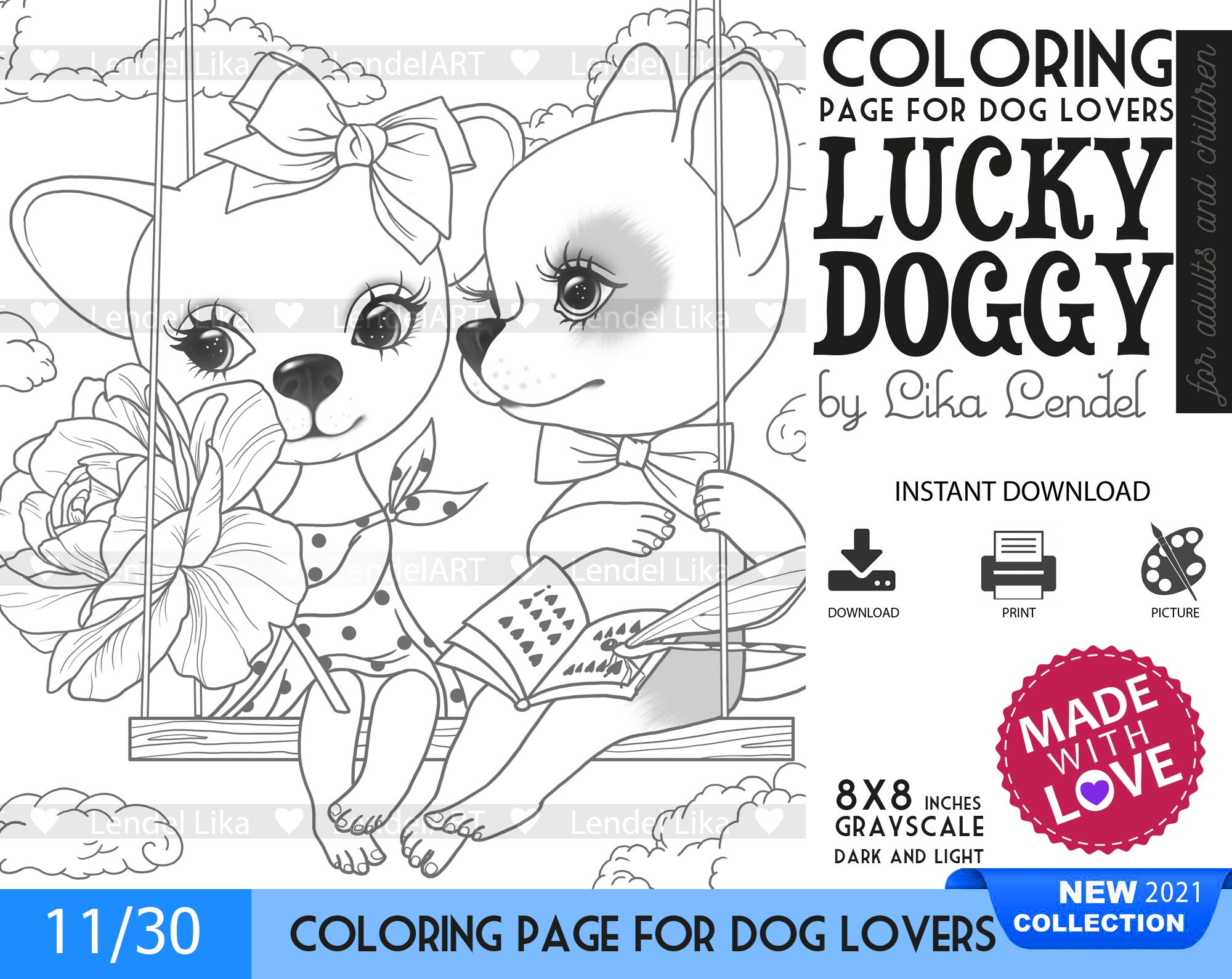 digi stamp lucky doggy set11 30 coloring page dog etsy