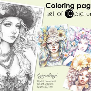 Sweet girls, 10 Coloring Pages, Coloring book for adults, Pretty Ladies, grayscale coloring sheets, 11.7 x 8.3 &quot; Size, PDF, Instant Download