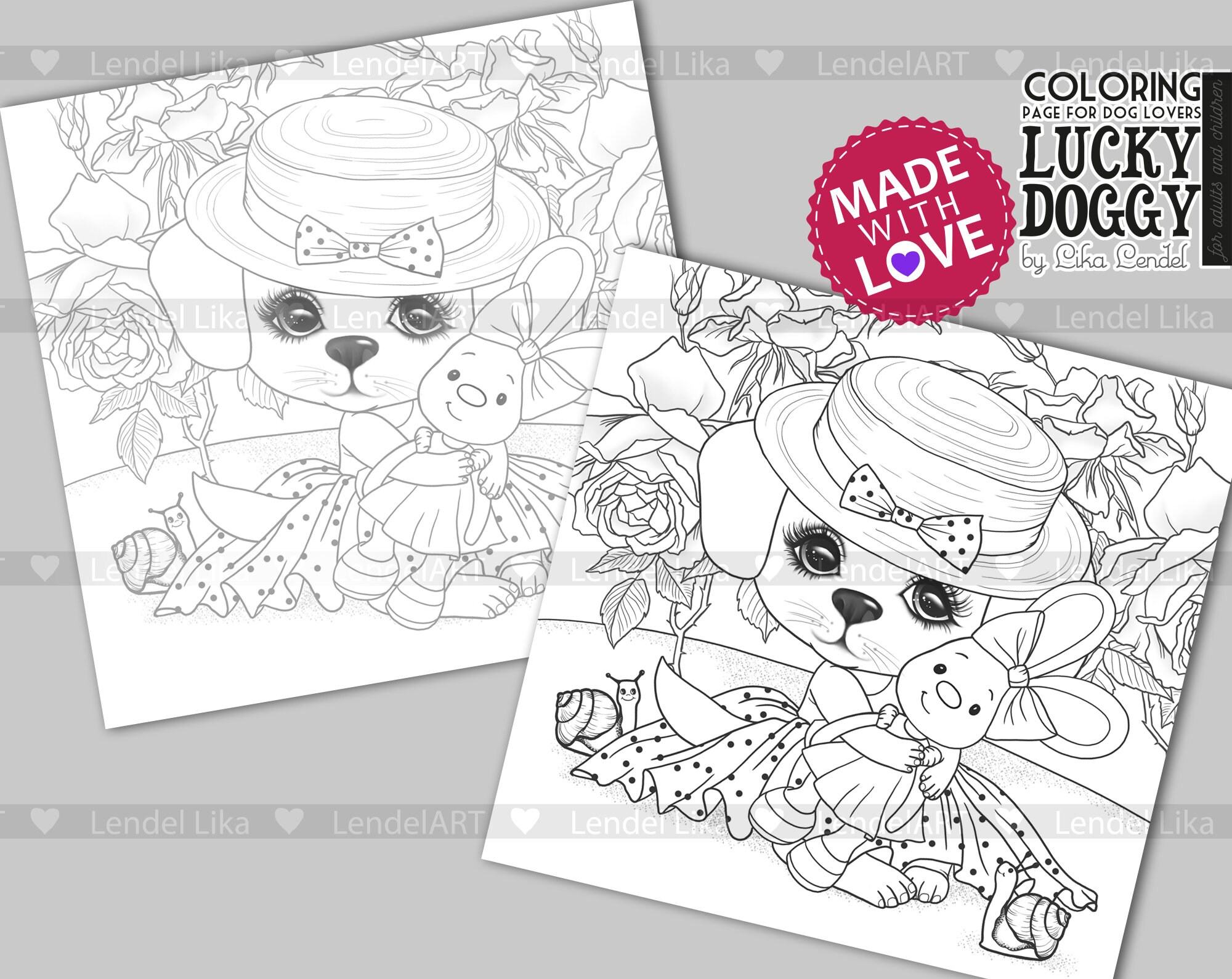 digi stamp coloring page lucky doggy cute dog puppy etsy