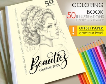 Livre de coloriage, Beautés, portrait, pages à colorier pour adultes et enfants, 50 pages, papier offset / 150 g