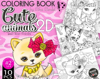 Coloring book, CUTE ANIMALS, set2, 10pcs, Printable coloring pages adult, Kids coloring page, Animal coloring page, Digi stamp, Cartoon, PDF