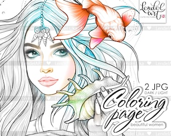 Printable coloring page girl portrait, Coloring Page for Adults, Mermaid, Grayscale Coloring Page, Instant Download, light, dark
