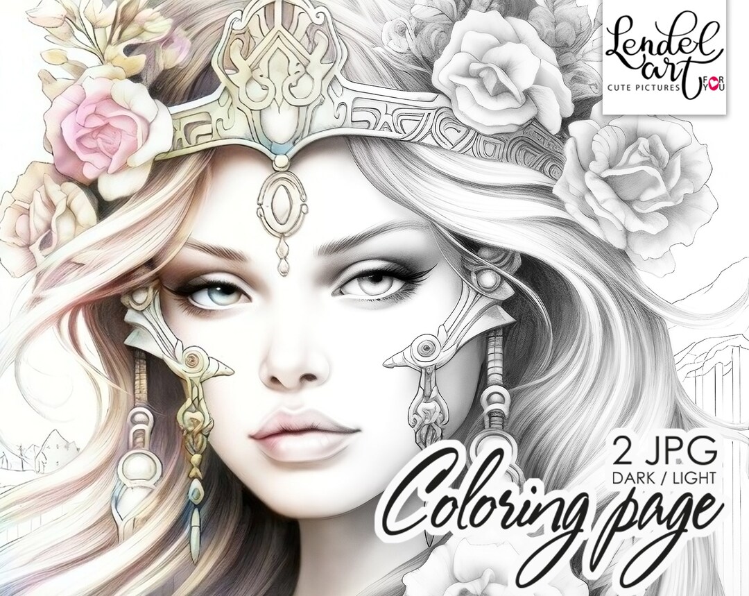 Queen, Coloring Page for Adults, Grayscale Coloring Page, Girl Portrait ...