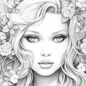 Angelic, Coloring Page for Adults, Grayscale Coloring Page, Girl
