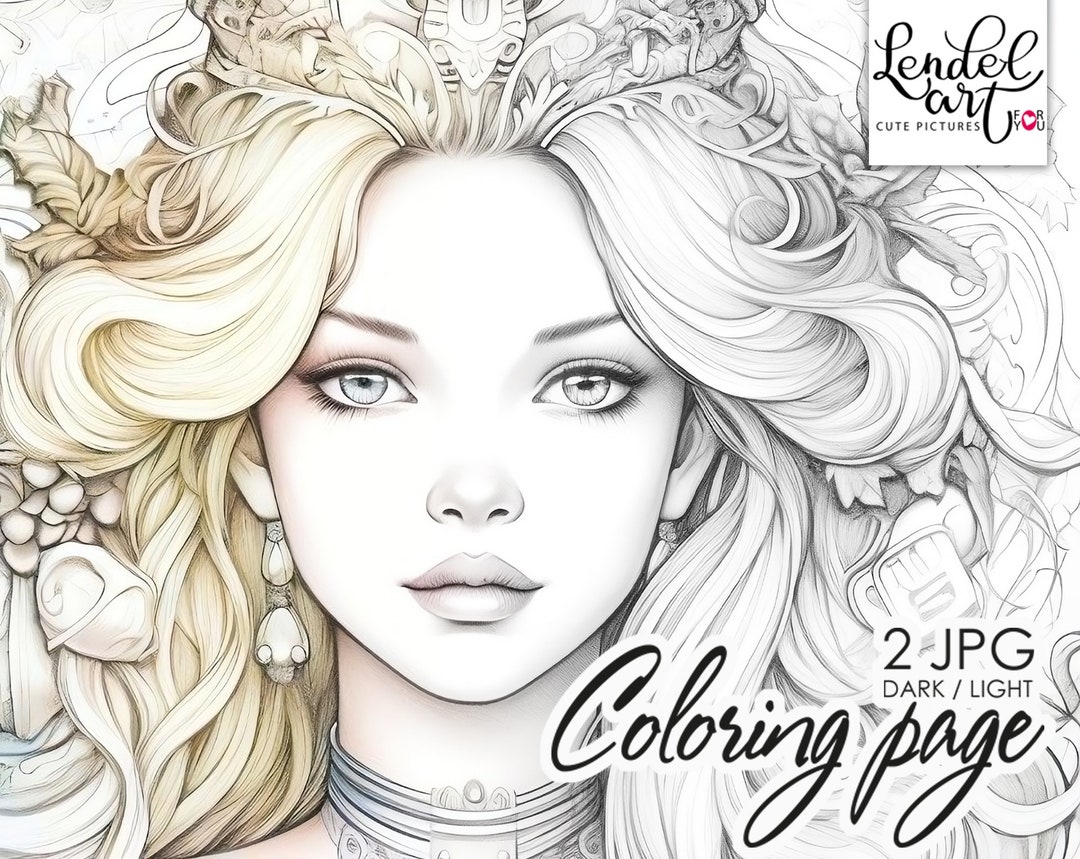 Young Queen, Coloring Page for Adults, Grayscale Coloring Page, Girl ...