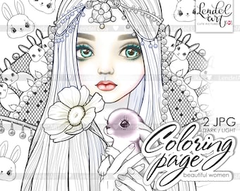 Printable coloring page girl portrait, Fairy, Bunny, Coloring Page for Adults, Grayscale Coloring Page, Instant Download, JPG
