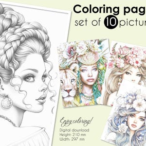 Beautiful women, 10 Coloring Pages, Coloring book for adults, Pretty Ladies, grayscale coloring sheets, 11.7 x 8.3 &quot; Size, PDF