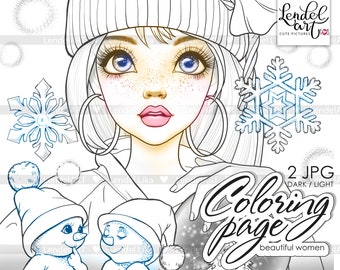 Winter, PORTRAIT, Printable Adult Colouring Pages Book Instant Download Grayscale Illustration PDF