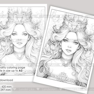 Young Queen, Coloring Page for Adults, Grayscale Coloring Page, Girl ...