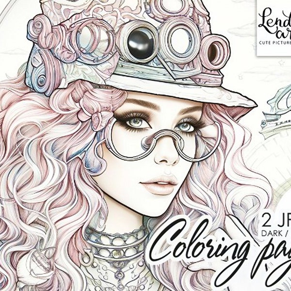 Coloring Page, Steampunk girl, Coloring Page for Adults, girl portrait, Instant Download, JPEG