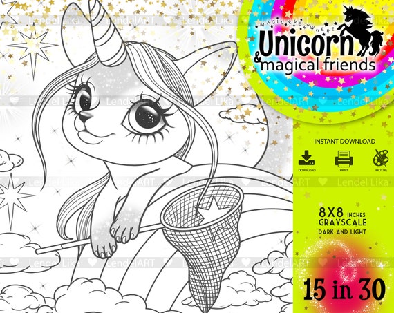 Dibujo para colorear Unicornio Arco Iris Estrellas Hojas - Etsy México