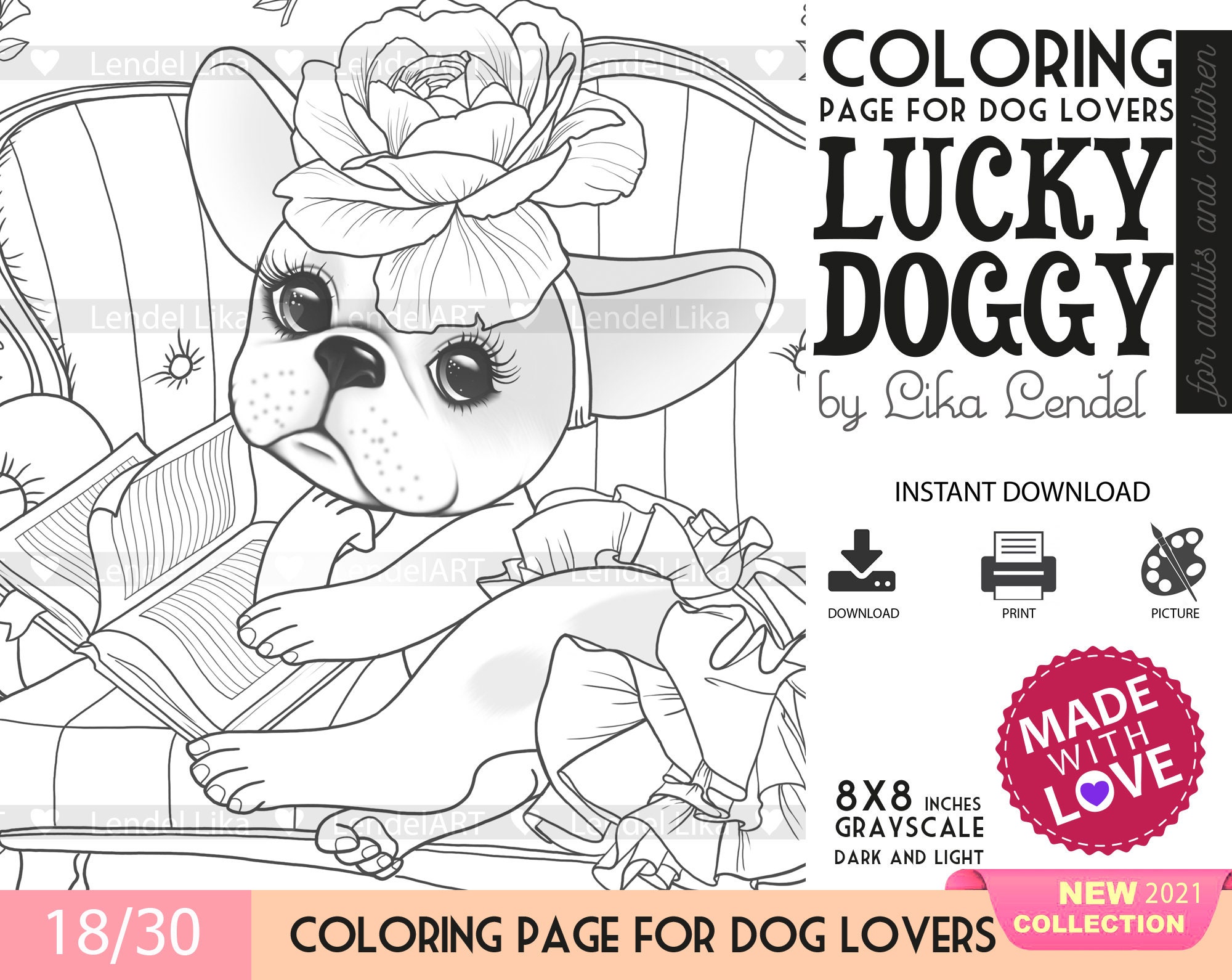 animal coloring page lucky doggy french bulldog dog puppy etsy