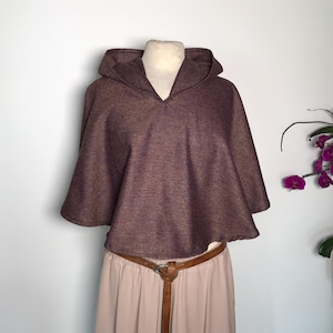 Fine wool purple hood — Short medieval cape with mixed hood, loose hood in old mauve wool cloth, hand-sewn