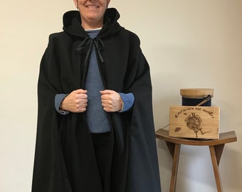 Long black medieval cape, Venetian cape, men-women medieval cape, wizard cape, black druid cape, elven cape, wool cape