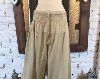 Pantalon samouraï, pantalon viking -varegue, pantalon celte, pantalon pattes larges avec élastique cheville coton beige