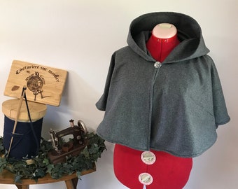 capuchon, capuchon archer ouvert avec broche, capelet, cape courte capuche, manteau cape laine gris cendré, entièrement fait mains