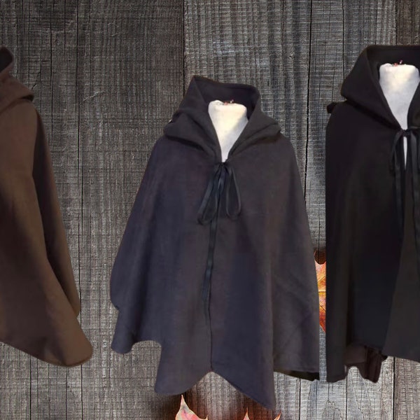 Cape mi-longue avec capuche, cape marron noire ou grise, capelet, manteau capuche laine noire grise ou marron 100% fait mains made in France