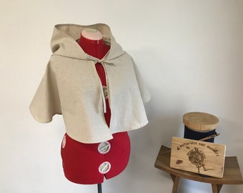 Natural linen cape, hooded capelet, short hooded cape, medieval archer's cap, short handmade linen cape made in France