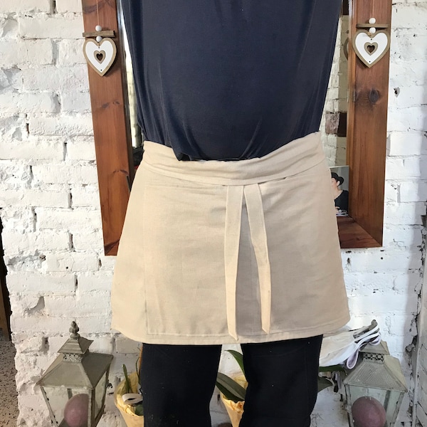 Tablier de service en lin naturel beige, tablier de cuisine, vêtements de cuisine, tablier de cuisine taille unique fait mains en France