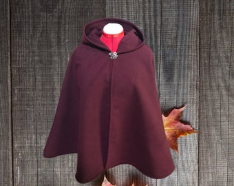 Cape, short cape with old red hood, pilgrim, burgundy medieval cape, medieval costume, elven cape, women's cape, bright cape