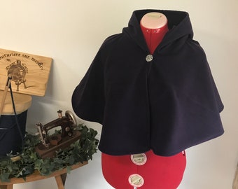 Short cape, capelet, cap, open cap, short cape with hood in dark eggplant pea coat, entirely handmade in France