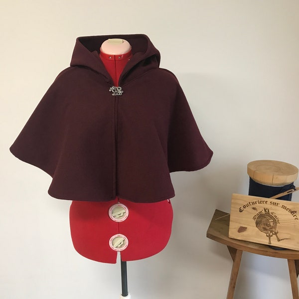 Old red hooded pilgrim, short hooded cape, medieval archer's hood in old red wool pea coat, handmade made in France