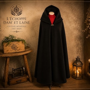 Lange middeleeuwse wollen cape met capuchon - Reizigersjas, LARP-kostuum, handgemaakt gepersonaliseerd cadeau - Historische cape in diverse kleuren