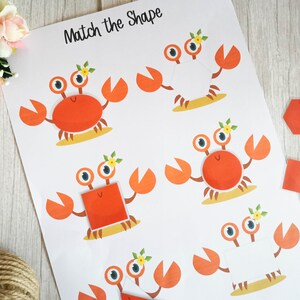 Crab Shapes Matching Preschool Worksheet, Learning Shapes Activities, Preschool Printables Game, Preschool Shapes Learning, Homeschool Games