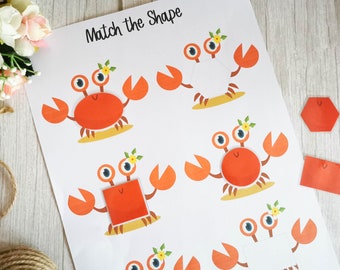 Crab Shapes Matching Preschool Worksheet, Learning Shapes Activities, Preschool Printables Game, Preschool Shapes Learning, Homeschool Games