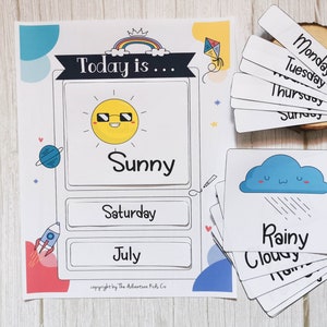 Carte météo imprimable pour la maternelle, calendrier météo imprimable, calendrier Montessori, apprentissage de la météo pour l'école maternelle, maternelle