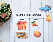 Weight Sorting Printable Worksheets, Sort by Weight Printable Game, Preschool Learning Activity, Printable Worksheets for Homeschool Kids