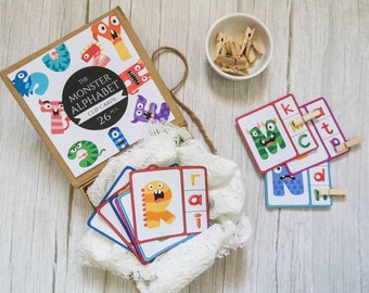 Tarjetas de clip del alfabeto de monstruos imprimibles, tarjetas flash del alfabeto de monstruos, tarjetas de actividades del alfabeto de preescolar y educación en el hogar, descarga instantánea