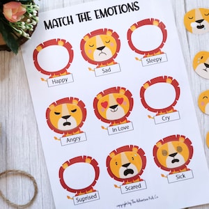 Vorschule Löwe Spiel die Emotionen Printables, Memory-Spiel zum Ausdrucken für Kinder, Vorschule Emotionen Chart für Kindergarten & Homeschool Kinder