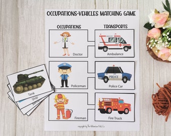 Preschool Learning Activity Printable, Occupations-Vehicles Matching Game, Learning Activity for Preschool & Kindergarten