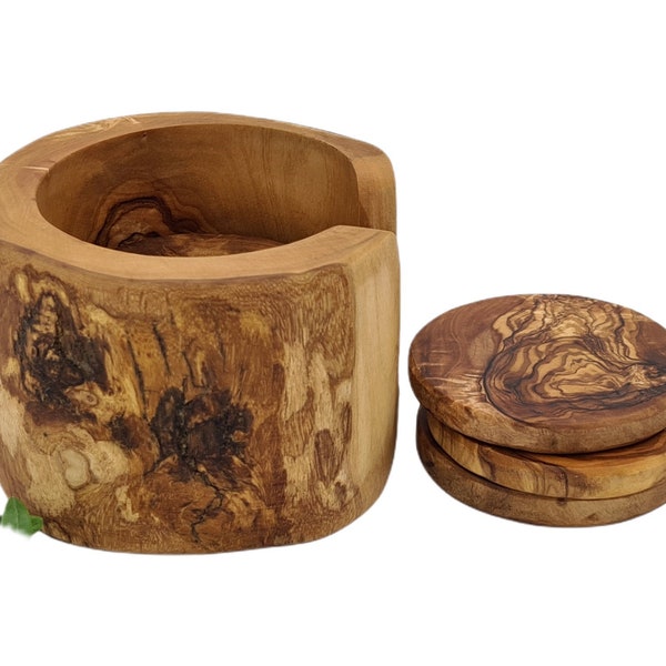 Sous-verres ronds et support rustique en bois d'olivier  (1211-1)