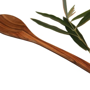 Peut inclure: Une cuillère en bois avec un long manche et un bol arrondi. La cuillère est faite de bois brun clair avec des motifs de grain visibles. Des feuilles vertes sont placées à côté de la cuillère.