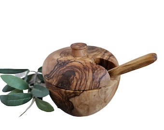 Pot à sucre, sel ou épices avec couvercle et cuillère en bois d'olivier (6004-3)