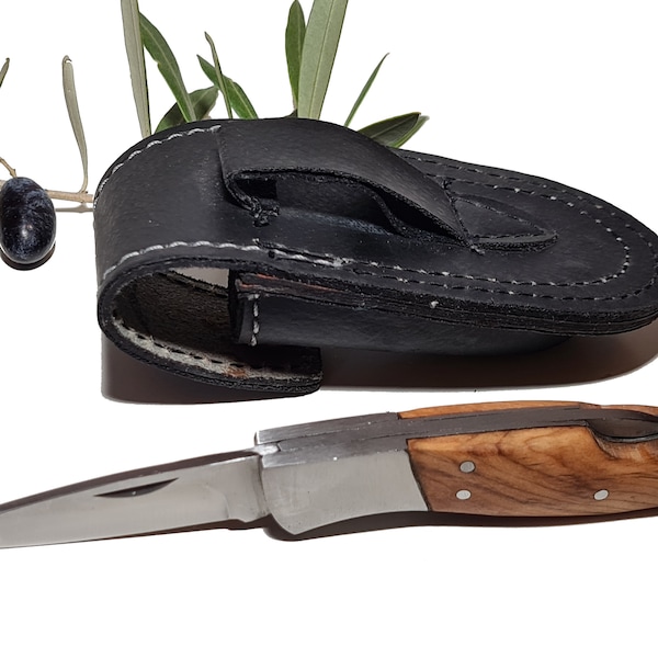 Small Folding Knife steel blade olive wood handle and its case (7206) Gift Idea