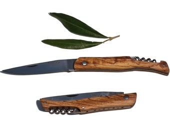 Corkscrew Steel Blade Folding Knife and Olive Wood Handle (7223)