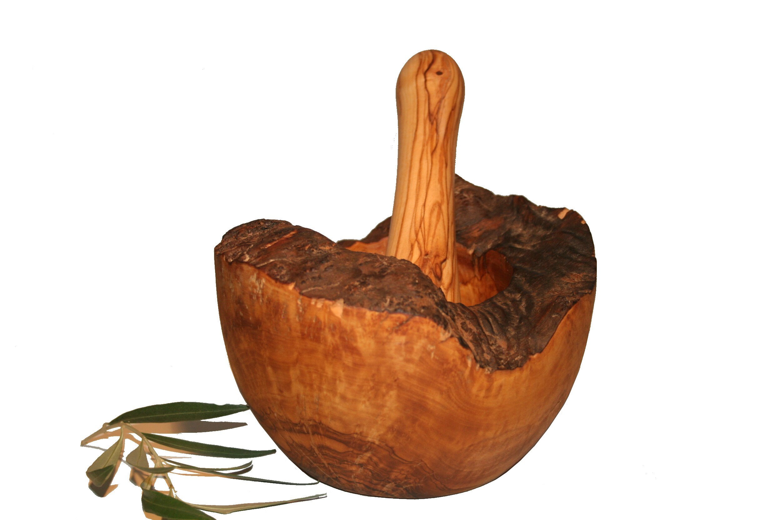 Mortier Rond Naturel Rustique 18 cm et Pilon en Bois d'olivier | 6458R