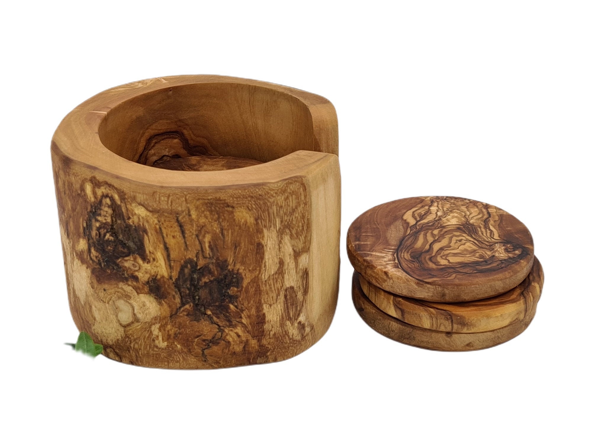 Sous-Verres Ronds et Support Rustique en Bois d'olivier | 1211-1