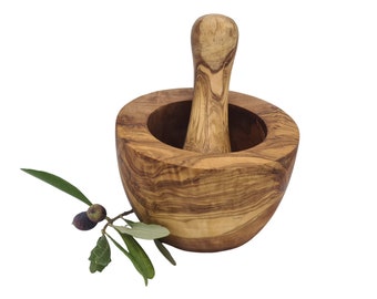 Mortier rond bombé 18 cm et pilon en bois d'olivier (6408) - France