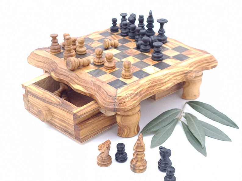 Modern chess game with olive wood storage drawers 8101-1