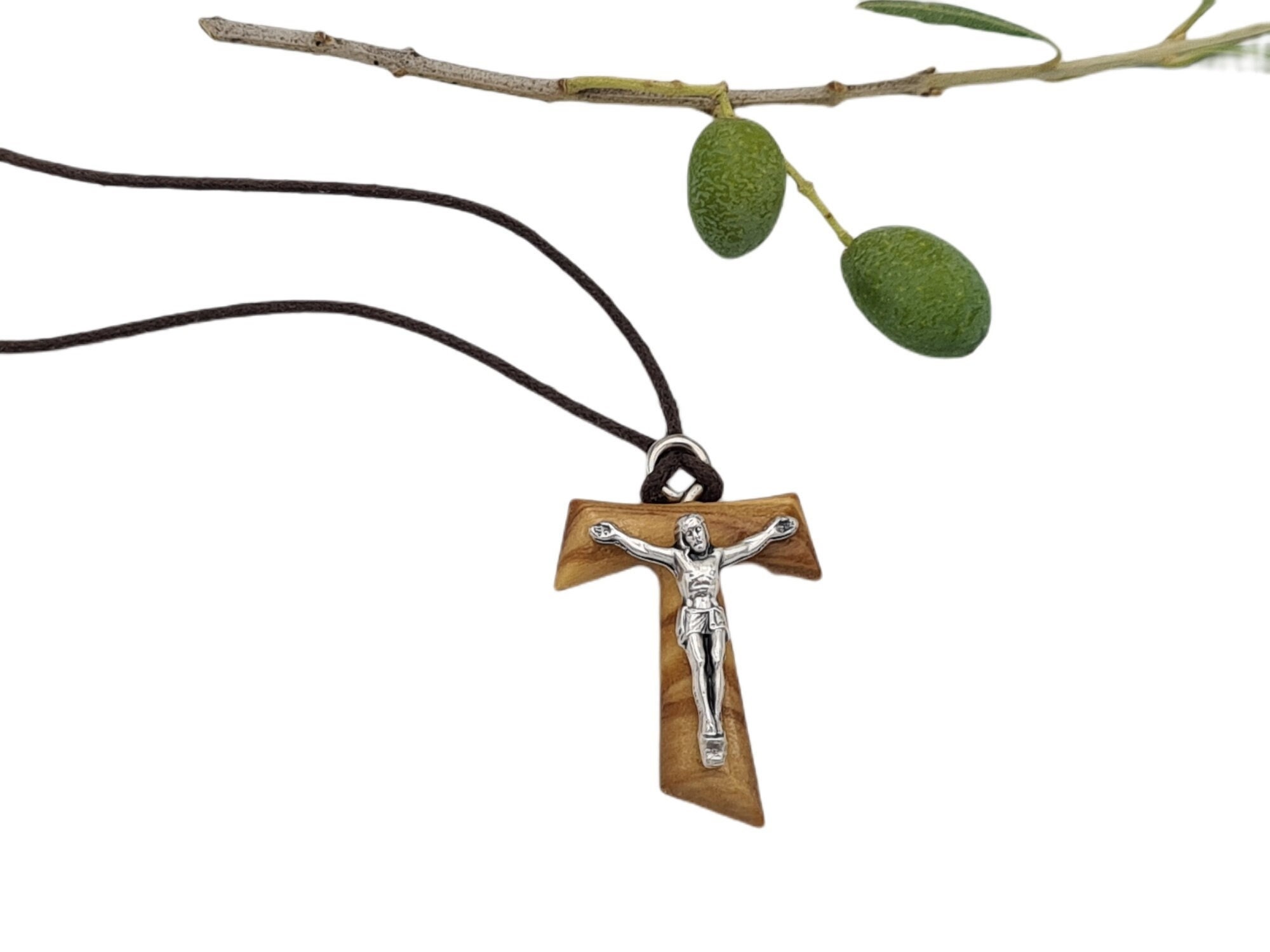 Pendentif Croix De Tau En Bois D'olivier - Collier Mi-long, Neuf, Réf 8017