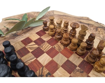 Rustic red and white olive wood chessboard with drawers (8106-6)