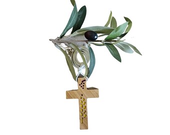 Olive wood cross pendant with wheat stalk and bunch of grapes (8042)
